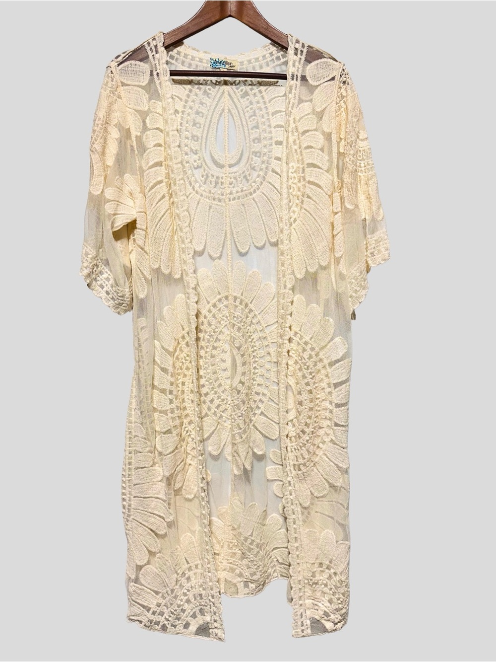 Rebellion Again Ivory Cream Lace Mesh Kimono Duster Boho Festival Cover Up L